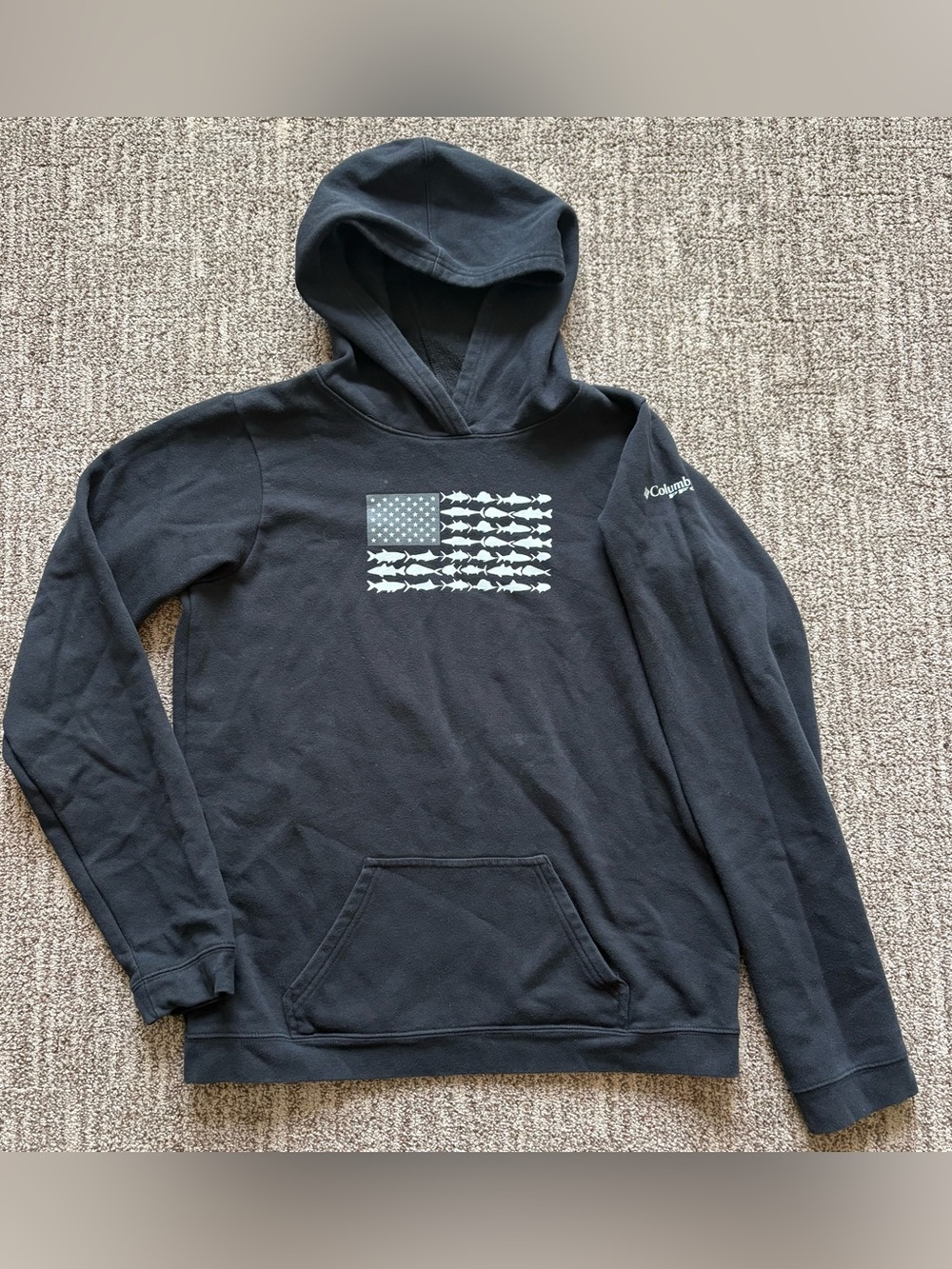 Columbia PFG Boys XL 18/20 American Flag and fish black hoodie